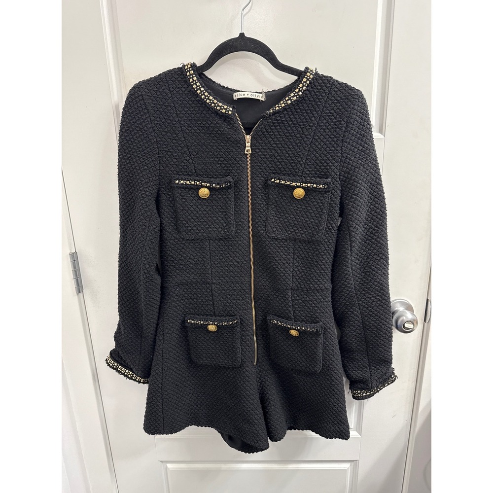 Alice + Olivia Shiloh Black Tweed Studded Zip Front Romper Gold Button 6